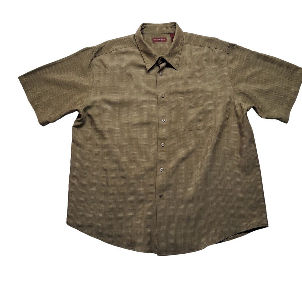 Covington Button‎ Up Mens XXL Olive Green Good Textured Grid Short Sleeve Shirt